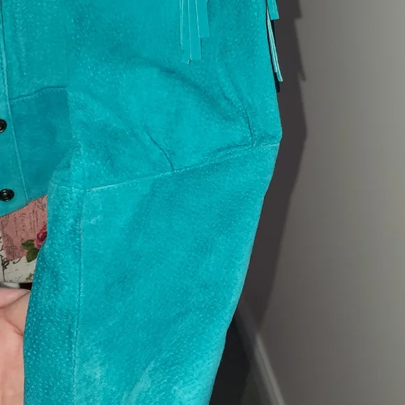 Fringed Teal Suede Western Style Jacket - Picture 7 of 7